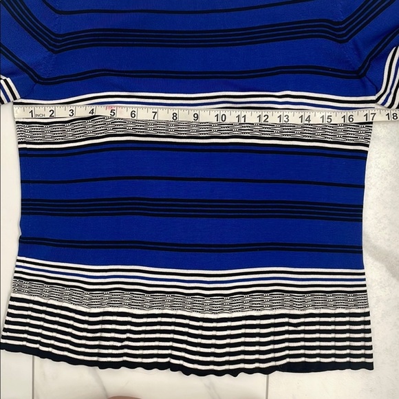 Elegant Striped Sweater in Blue Black & White 3/4 Bell Sleeves Boat Neck Size S - Picture 6 of 12